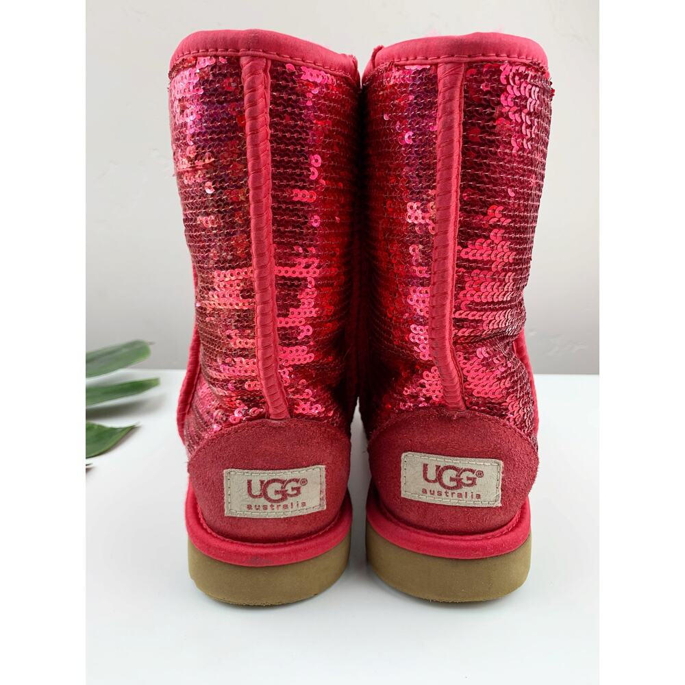 Ugg Classic Sequin Sparkle Boots Short Pink Ruby Red Plush Lining Women's 6 - Picture 10 of 12